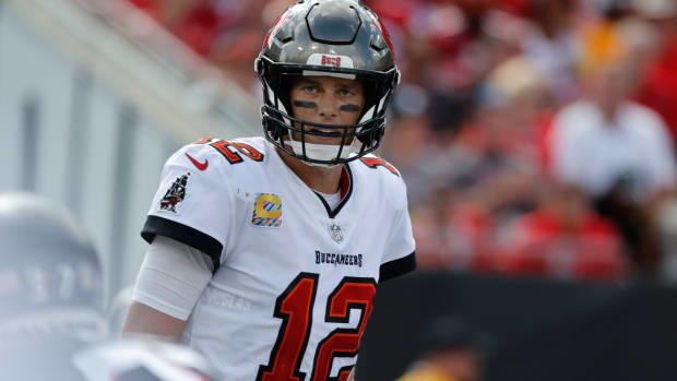 Oct 9, 2022; Tampa, Florida, USA; Tampa Bay Buccaneers quarterback Tom Brady (12) against the Atlanta Falcons during the second half at Raymond James Stadium. Mandatory Credit: Kim Klement-USA TODAY Sports